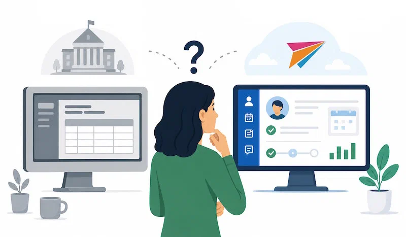 Higher education administrator evaluating academic advising software