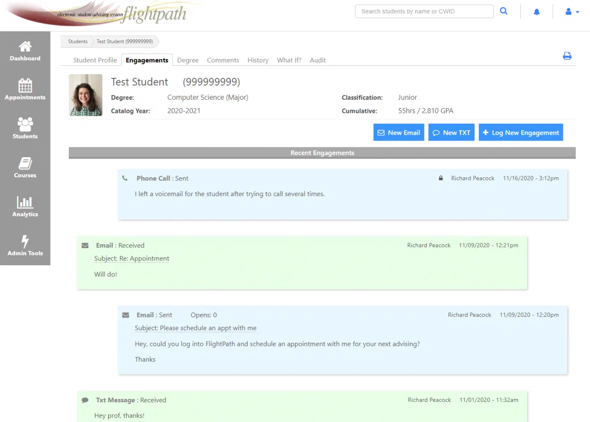Send and receive emails and text messages from within FlightPath