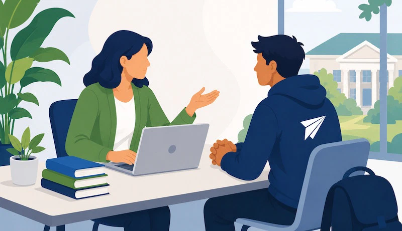 Illustration of an academic advisor meeting with a student