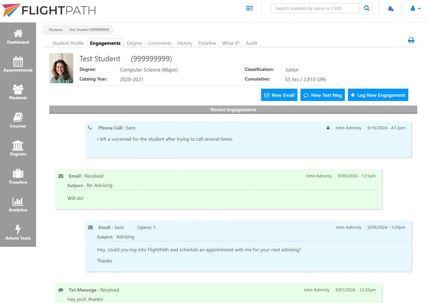 FlightPath communications between advisor and student