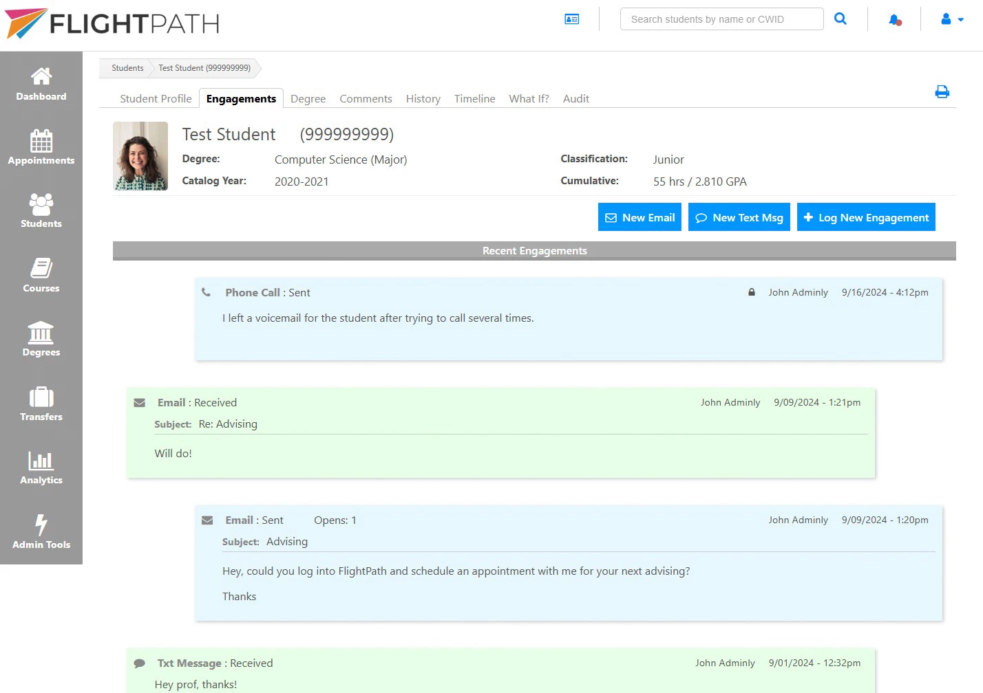 FlightPath communications between advisor and student
