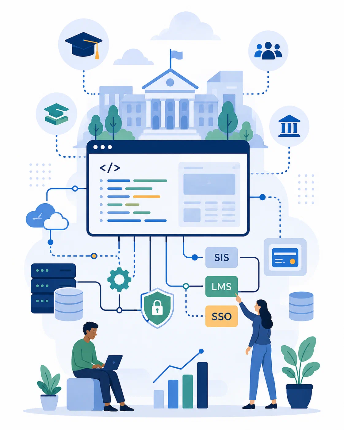 Abstract illustration representing custom software development for higher education.
