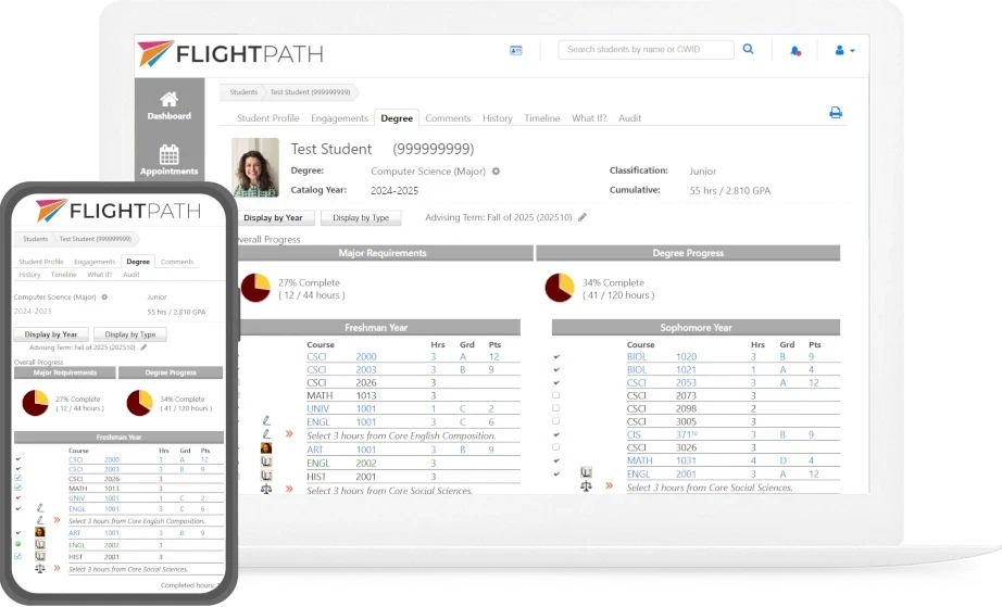 FlightPath advising software shown on a laptop and a mobile phone, with a student's degree progress on screen