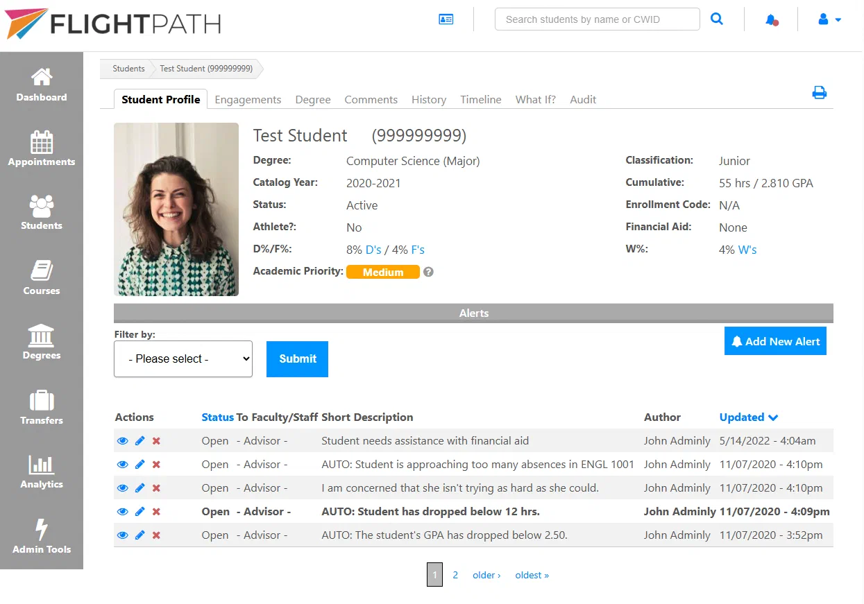 The FlightPath student profile, showing attributes and early alerts