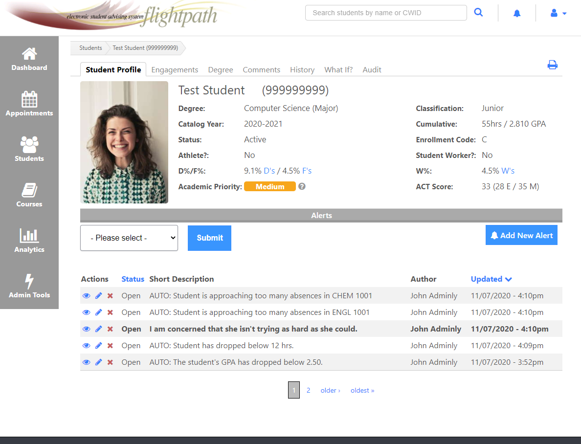 FlightPath - student profile screen
